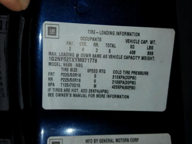 1G2NF52TXYM871778 - 2000 PONTIAC GRAND AM S 蓝色 照片 10