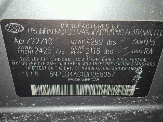 5NPEB4AC1BH058057 - 2011 HYUNDAI SONATA GLS GRAY photo 10