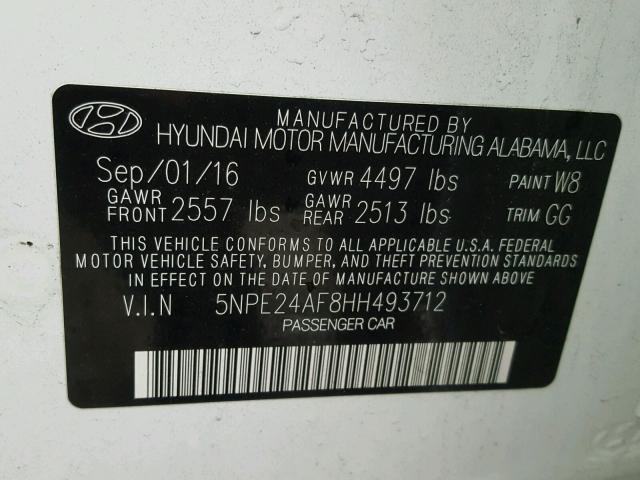 5NPE24AF8HH493712 - 2017 HYUNDAI SONATA SE WHITE photo 10