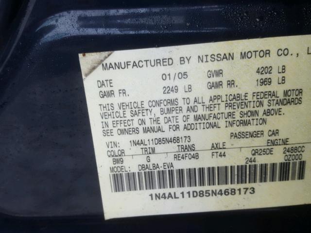 1N4AL11D85N468173 - 2005 NISSAN ALTIMA S BLUE photo 10