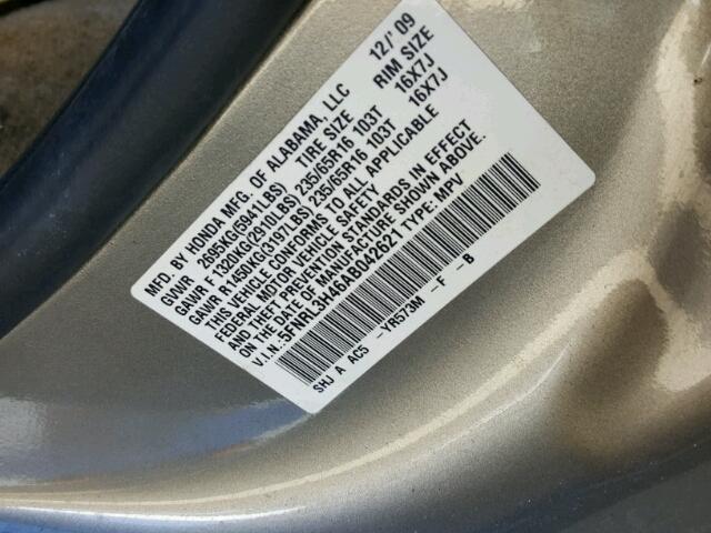 5FNRL3H46AB042621 - 2010 HONDA ODYSSEY EX GOLD photo 10