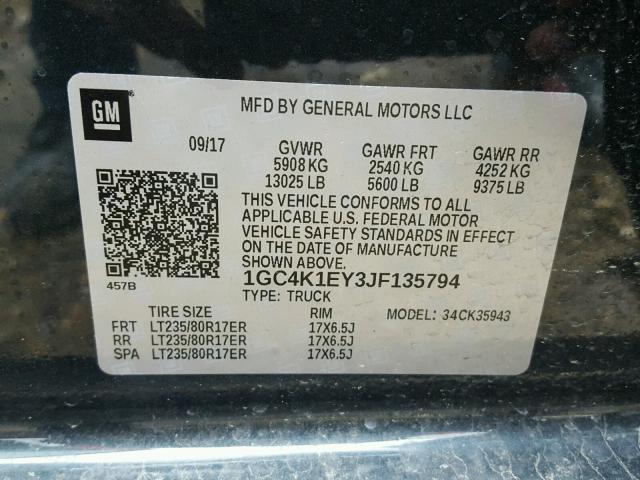 1GC4K1EY3JF135794 - 2018 CHEVROLET SILVERADO BLUE photo 10