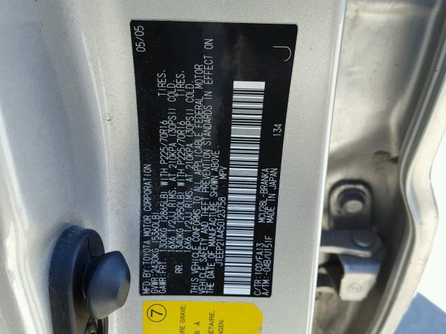 JTEEP21A450123758 - 2005 TOYOTA HIGHLANDER SILVER photo 10