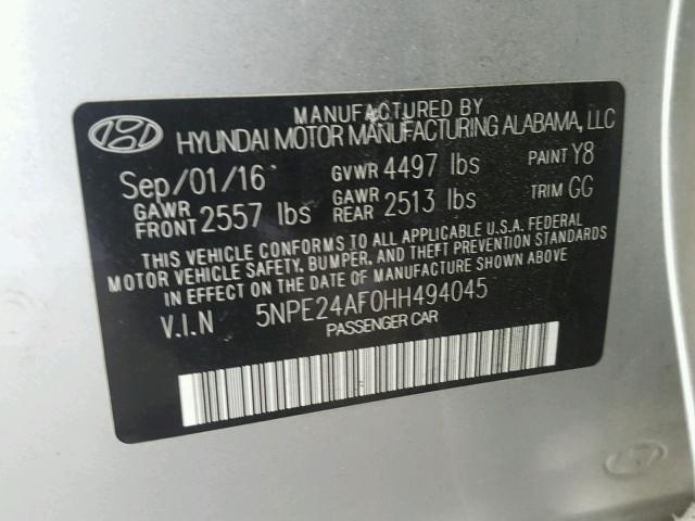 5NPE24AF0HH494045 - 2017 HYUNDAI SONATA SE SILVER photo 10