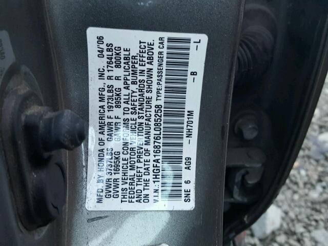 1HGFA16876L085258 - 2006 HONDA CIVIC EX GRAY photo 10