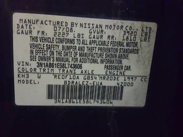 3N1AB61E58L743606 - 2008 NISSAN SENTRA 2.0 BLACK photo 10