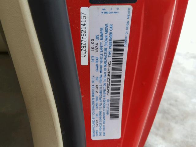 3VWCP21C21M435921 - 2001 VOLKSWAGEN NEW BEETLE 红色 照片 10