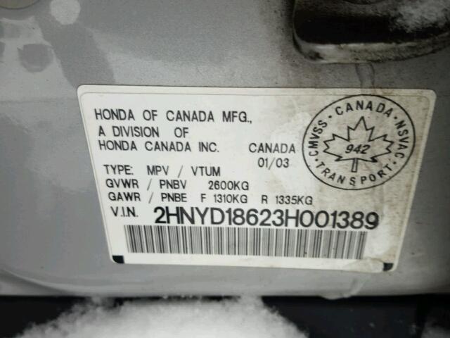 2HNYD18623H001389 - 2003 ACURA MDX TOURIN SILVER photo 10