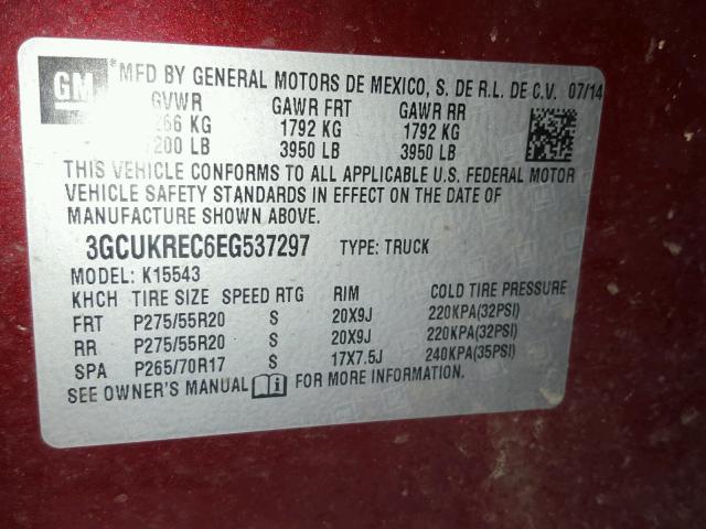 3GCUKREC6EG537297 - 2014 CHEVROLET SILVERADO MAROON photo 10