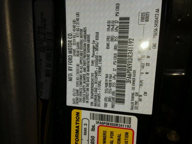 3FA6P0K9XDR341192 - 2013 FORD FUSION TIT BLACK photo 10