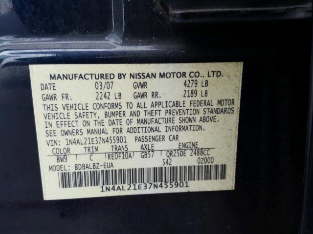 1N4AL21E37N455901 - 2007 NISSAN ALTIMA 2.5 BLUE photo 10