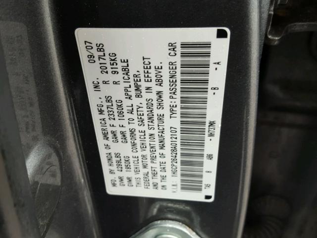 1HGCP26428A012107 - 2008 HONDA ACCORD LXP GRAY photo 10