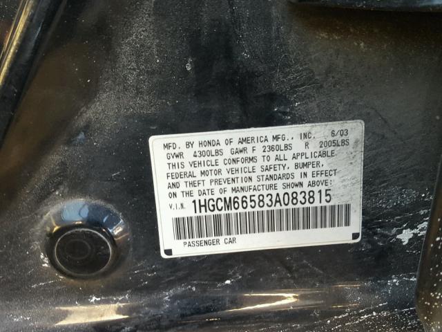 1HGCM66583A083815 - 2003 HONDA ACCORD BLACK photo 10