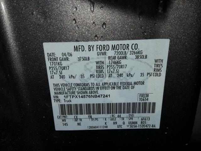 1FTPX14576NB47241 - 2006 FORD F150 GRAY photo 10