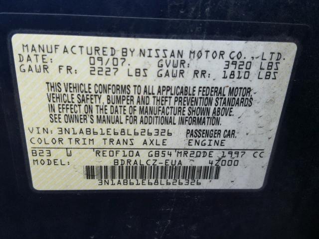 3N1AB61E68L626326 - 2008 NISSAN SENTRA 2.0 BLUE photo 10