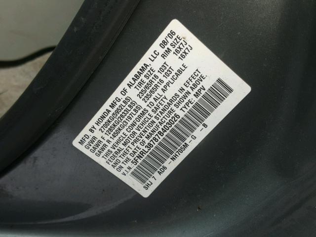 5FNRL38787B403026 - 2007 HONDA ODYSSEY EX GRAY photo 10