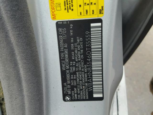 WBAHN83546DT35559 - 2006 BMW 750 LI SILVER photo 10