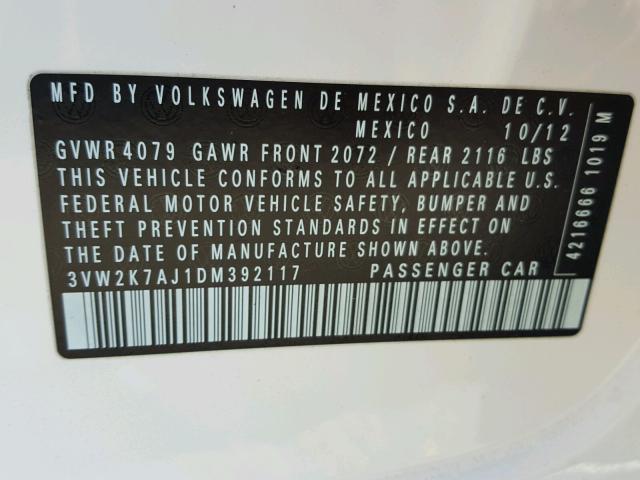 3VW2K7AJ1DM392117 - 2013 VOLKSWAGEN JETTA BASE თეთრი ფოტო 10