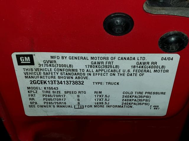 2GCEK13T341373832 - 2004 CHEVROLET SILVERADO RED photo 10