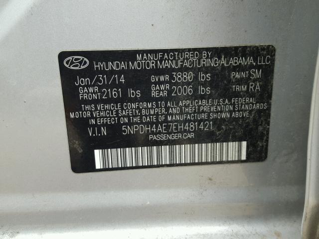 5NPDH4AE7EH481421 - 2014 HYUNDAI ELANTRA SE SILVER photo 10