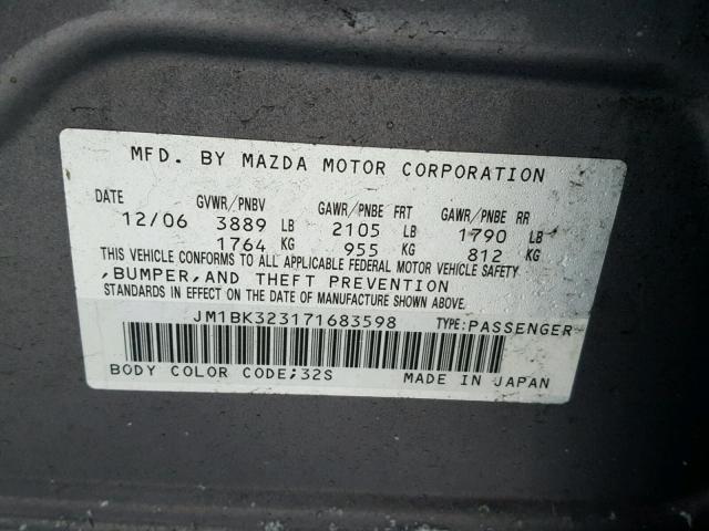 JM1BK323171683598 - 2007 MAZDA 3 S GRAY photo 10