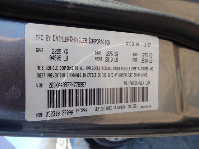 2B3KA43R77H778987 - 2007 DODGE CHARGER SE GRAY photo 10