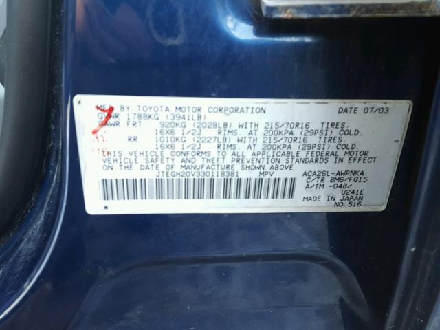 JTEGH20V330118381 - 2003 TOYOTA RAV4 BLUE photo 10