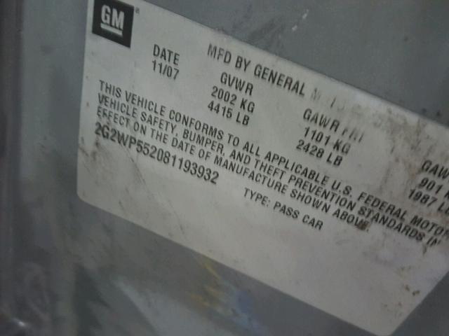 2G2WP552081193932 - 2008 PONTIAC GRAND PRIX GRAY photo 10
