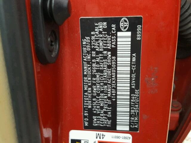 4T4BF3EK9AR050958 - 2010 TOYOTA CAMRY BASE RED photo 10