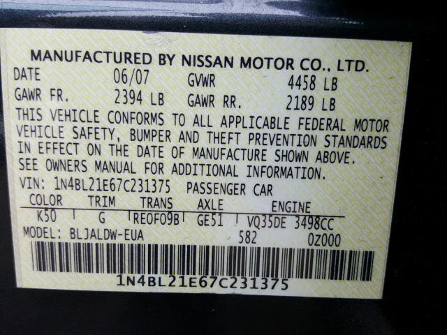 1N4BL21E67C231375 - 2007 NISSAN ALTIMA 3.5 GRAY photo 10