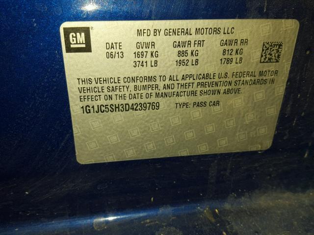 1G1JC5SH3D4239769 - 2013 CHEVROLET SONIC LT BLUE photo 10