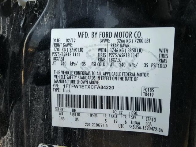 1FTFW1ETXCFA84220 - 2012 FORD F150 SUPER BLACK photo 10