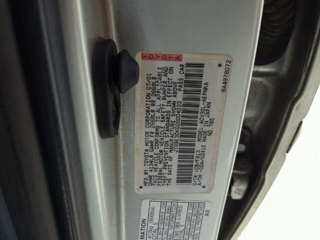 JTDBE30K020004033 - 2002 TOYOTA CAMRY LE SILVER photo 10