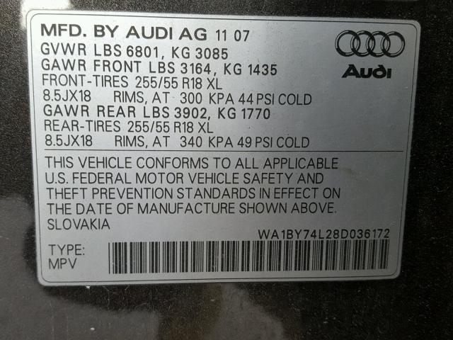 WA1BY74L28D036172 - 2008 AUDI Q7 3.6 QUA GRAY photo 10