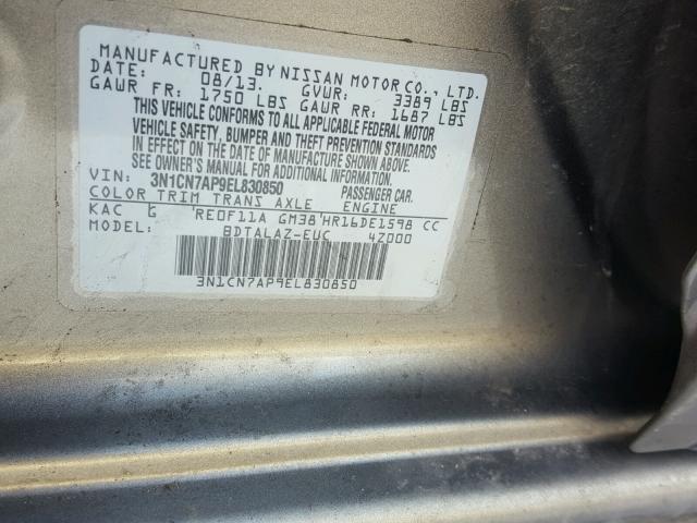 3N1CN7AP9EL830850 - 2014 NISSAN VERSA S GRAY photo 10