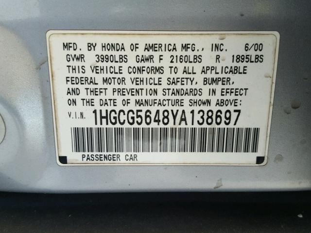 1HGCG5648YA138697 - 2000 HONDA ACCORD LX GRAY photo 10