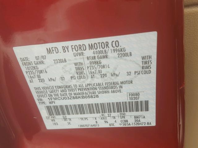 1FMCU03Z88KB05828 - 2008 FORD ESCAPE XLT RED photo 10