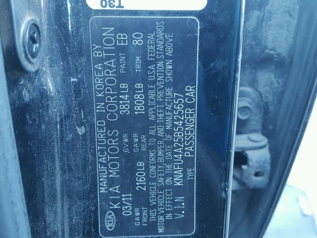 KNAFU4A25B5425657 - 2011 KIA FORTE EX BLACK photo 10