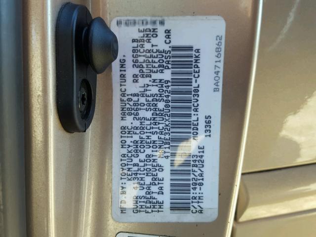 4T1BE32KX2U004249 - 2002 TOYOTA CAMRY LE GOLD photo 10