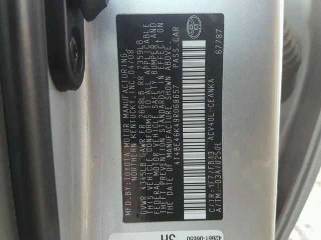 4T4BE46K49R068657 - 2009 TOYOTA CAMRY BASE SILVER photo 10