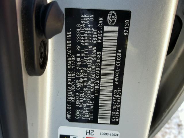 4T1BB3EK7AU120589 - 2010 TOYOTA CAMRY HYBR SILVER photo 10