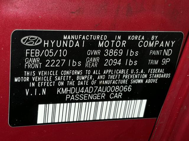 KMHDU4AD7AU008066 - 2010 HYUNDAI ELANTRA BL RED photo 10