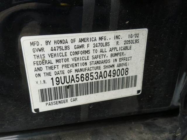 19UUA56853A049008 - 2003 ACURA 3.2TL TYPE BLACK photo 10