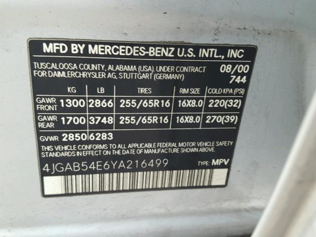 4JGAB54E6YA216499 - 2000 MERCEDES-BENZ ML 320 SILVER photo 10