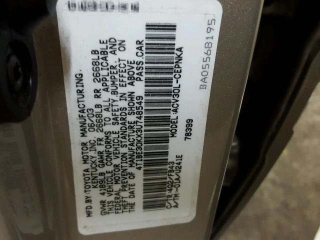 4T1BE30KX3U748549 - 2003 TOYOTA CAMRY LE TAN photo 10