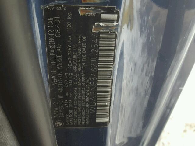 WBABN53462JU25478 - 2002 BMW 330 CI BLUE photo 10