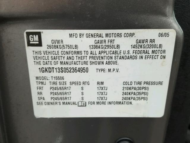 1GKDT13S052364950 - 2005 GMC ENVOY GRAY photo 10