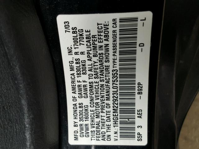 1HGEM22923L075353 - 2003 HONDA CIVIC EX 黑色 照片 10