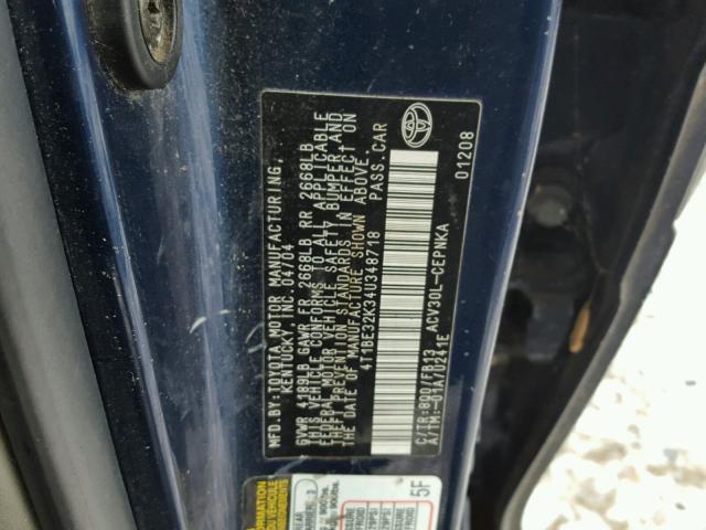 4T1BE32K34U348718 - 2004 TOYOTA CAMRY LE BLUE photo 10