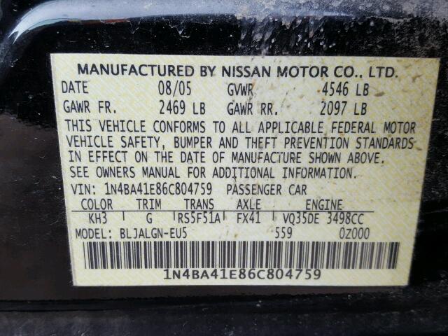 1N4BA41E86C804759 - 2006 NISSAN MAXIMA SE/ BLACK photo 10